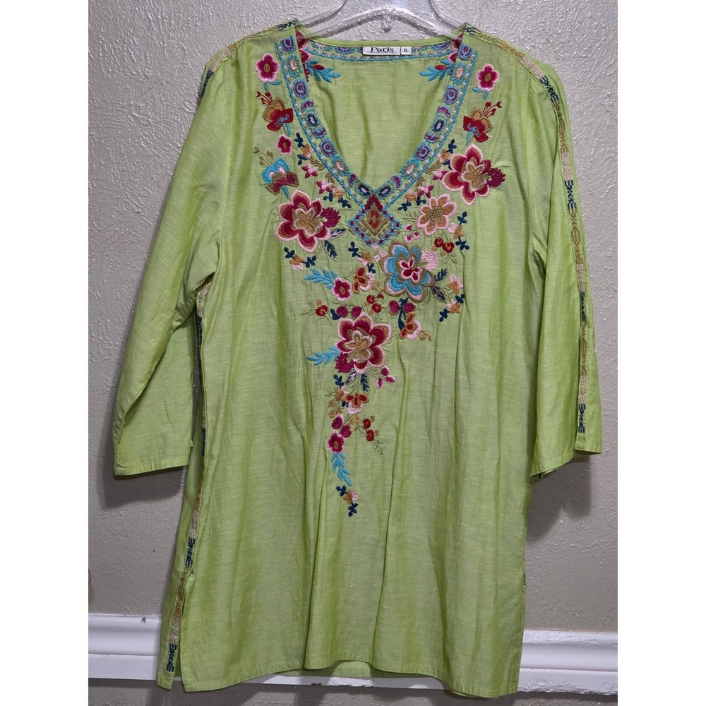 Paris Hues Lime Green Embroidered Floral Tunic Top XL Cotton Linen Boho V-Neck